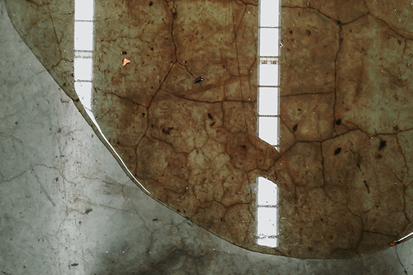 Liquid leaking all over a cement floor.