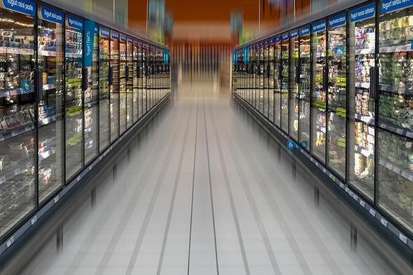 Row of freezers at the supermarket