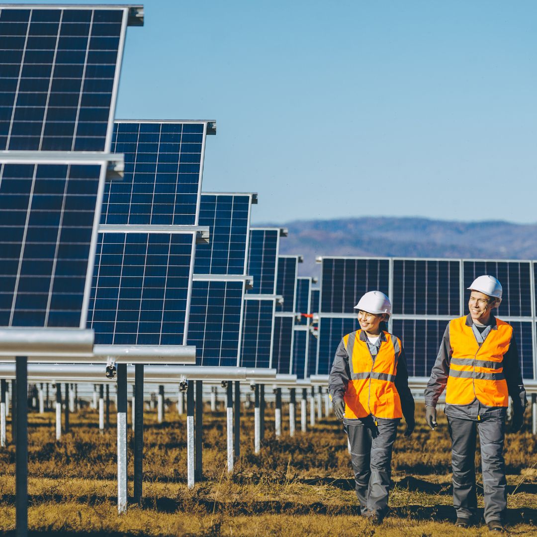Solar power panels and workers