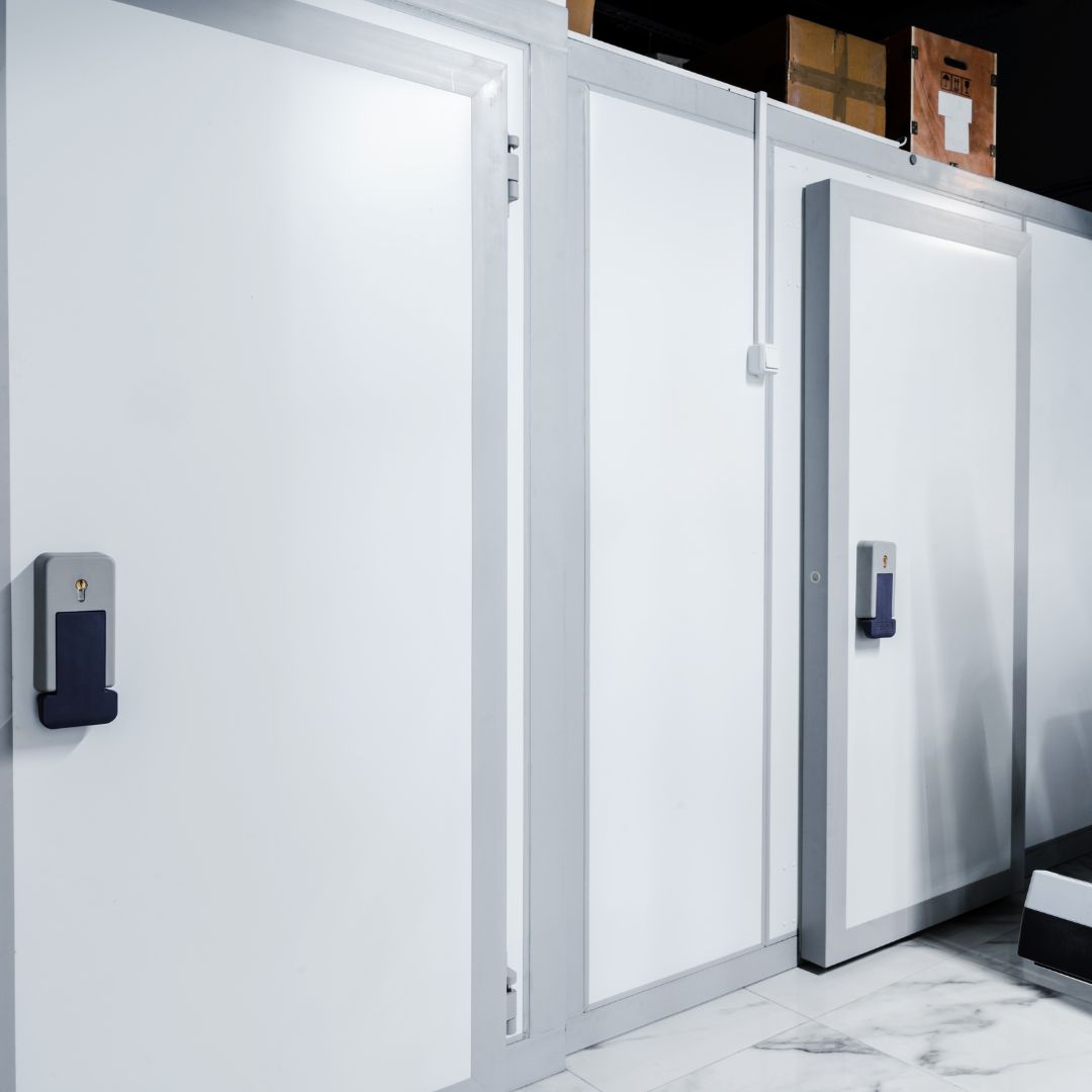 Doors of walk-in commercial freezer