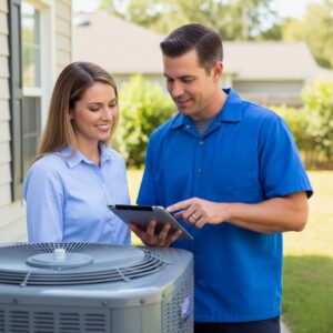technician going over AC repair with homeowner