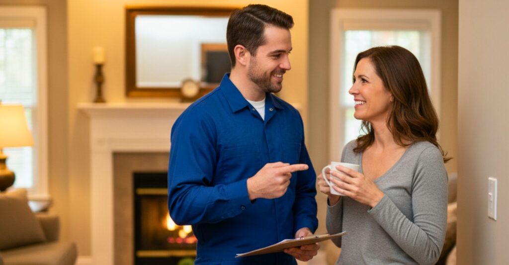 hvac technician talking to homeowner
