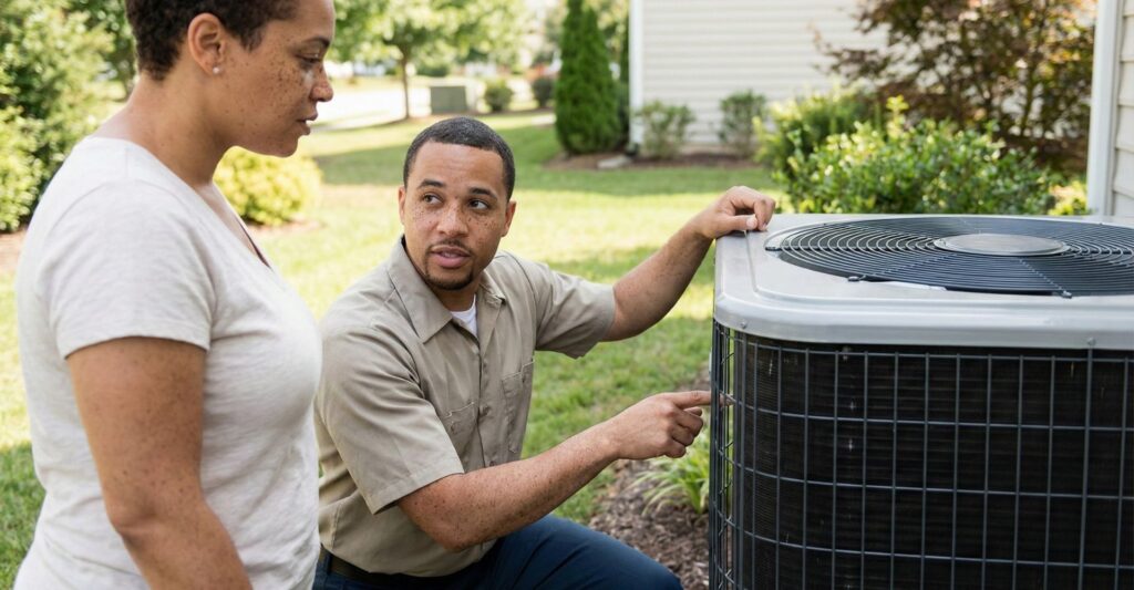 A professional technician kneeling by an outdoor HVAC unit with a homeowner pointing.