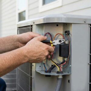 An experienced technician with tools working on the internal components of an outdoor AC condenser unit.