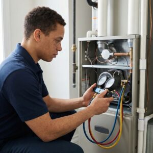 A technician using digital gauges to test an indoor furnace unit.