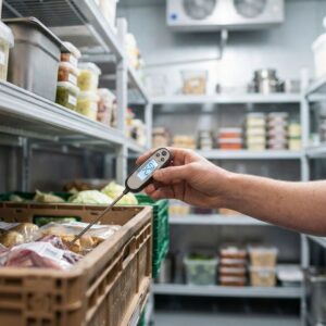 A close-up of a hand using a digital thermometer to check food temperature inside a commercial cooler.
