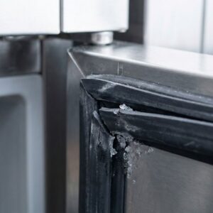 A close-up view of a damaged and worn rubber gasket seal on a commercial freezer door showing frost buildup.