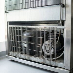 The mechanical compressor and fan assembly at the back of a commercial refrigeration unit.