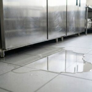 A puddle of water on a tiled floor pooled around the base of a commercial refrigerator.