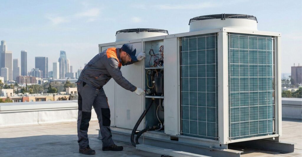 A professional HVAC technician performs maintenance on a large commercial rooftop unit with a city skyline in the background.