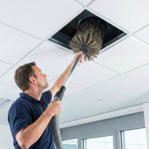 An HVAC technician uses a specialized rotary brush and vacuum system to clean an overhead commercial air duct.