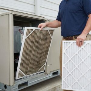 A technician is holding a dirty, clogged air filter next to a clean, new filter, preparing to replace it in a commercial HVAC unit.