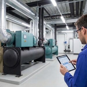 A technician in a large mechanical room with industrial chillers uses a tablet to review system performance and diagnostics.