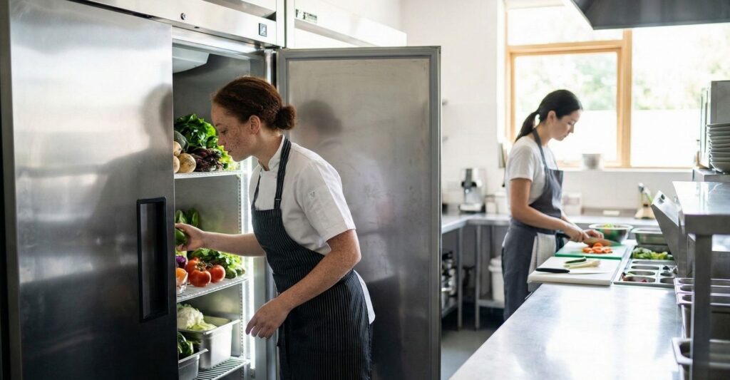A chef inspecting fresh ingredients inside a large commercial refrigerator in a busy kitchen.