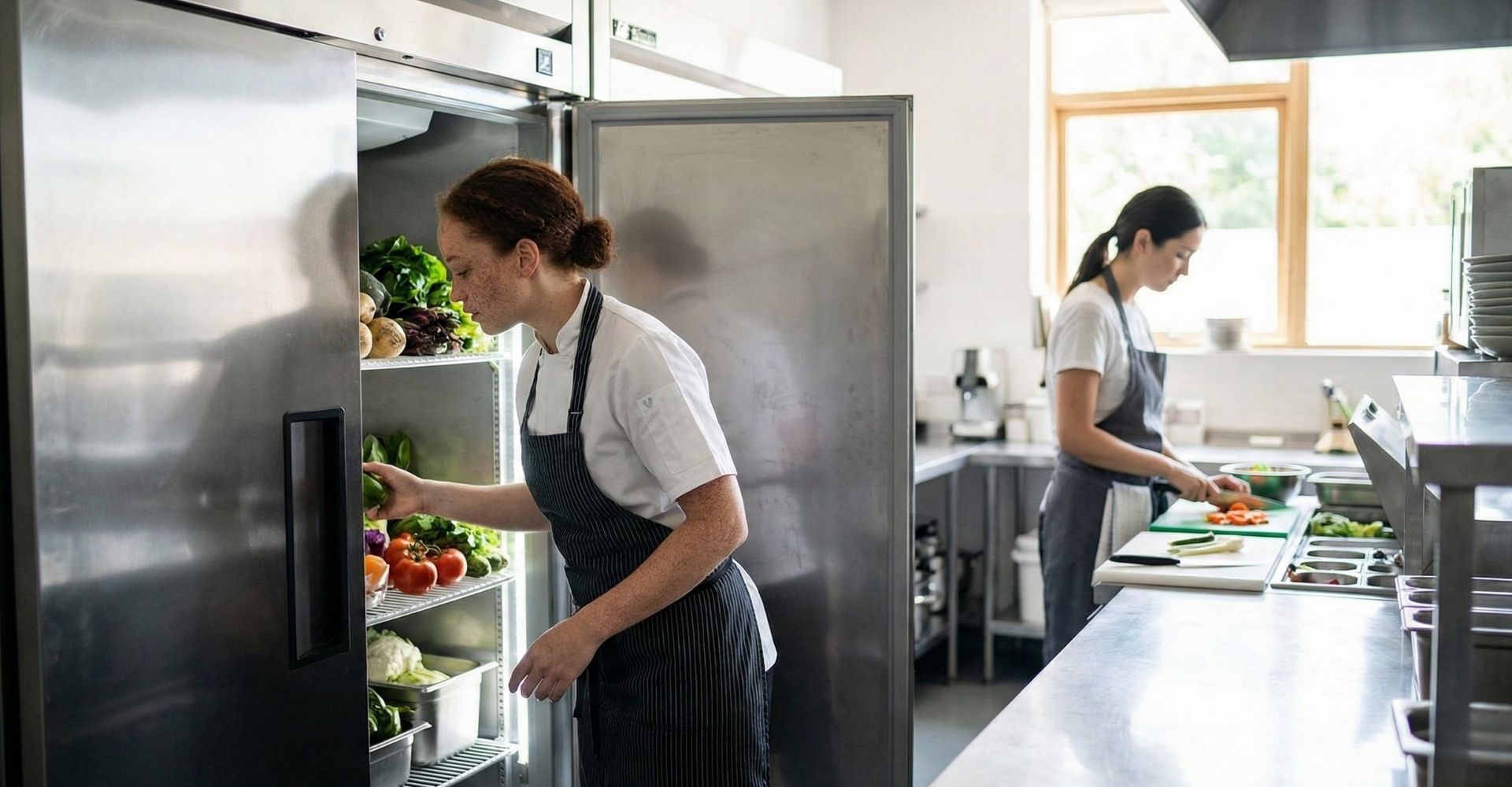 A chef inspecting fresh ingredients inside a large commercial refrigerator in a busy kitchen.