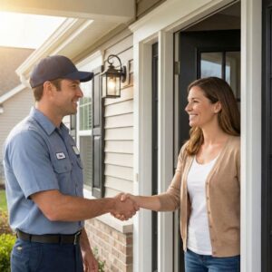 HVAC Contractor shaking hands with homeowner 