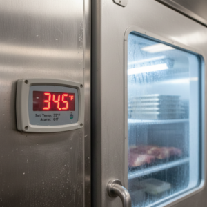 A temperature reader of a walk in fridge