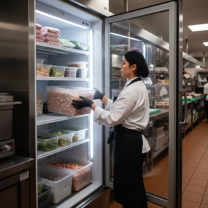 Reaching into a commercial freezer