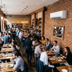A restuarant with a ductless mini-split AC system mounted on the wall.