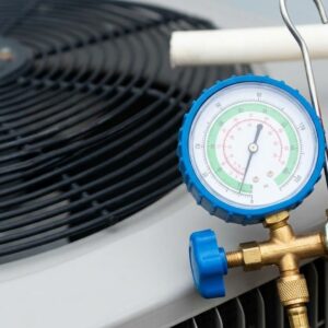 A close-up view of an HVAC technician’s manifold gauge attached to an outdoor condenser unit.